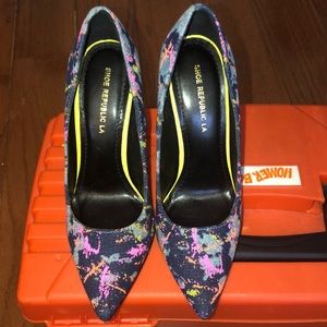 Paint-Splattered Denim Heels Size 8